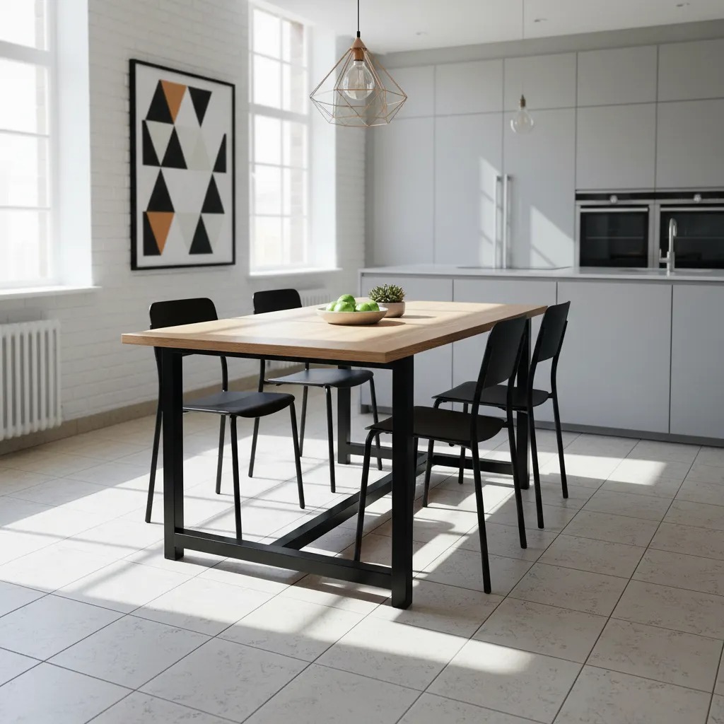 Mesa de comedor en eucalipto laqueado con base de hierro y sillas